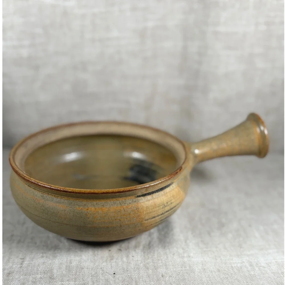 Soup Bowl Good Vintage Studio Pottery Stoneware Handled Earth Tone Glazed Tan
